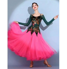 Women girls pink blue mint competition ballroom dance dresses dark green floral waltz tango flamenco foxtrot smooth dance long gown for female